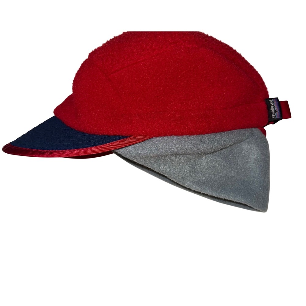 Patagonia Synchilla Vintage‎ Fleece Ear Flap Cap Red Navy Blue Hat Medium